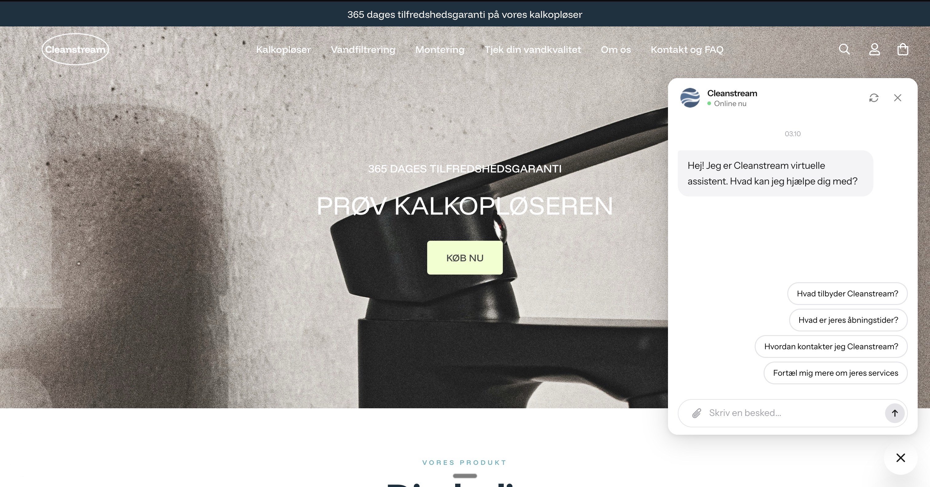 Cleanstream.dk hjemmeside med chatbot