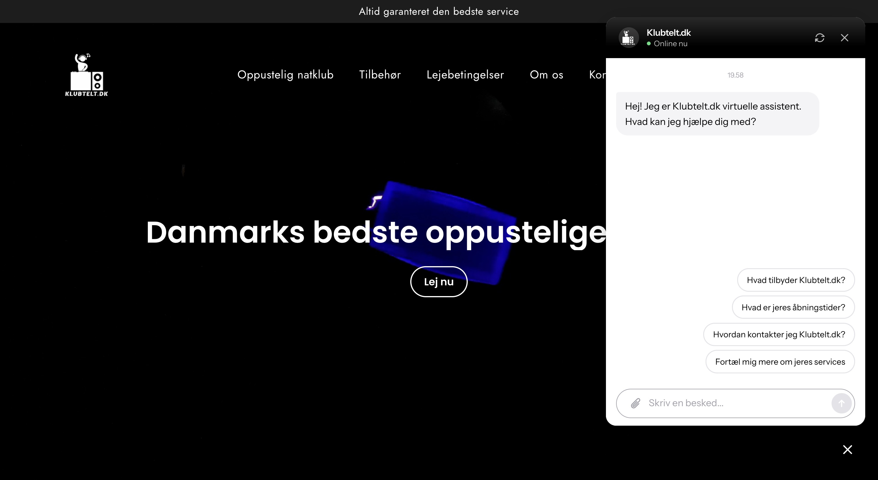 Klubtelt.dk hjemmeside med chatbot
